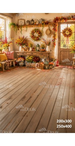 Tło fotograficzne „Przytulny jesienny domek pełen kwiatów” | J_283